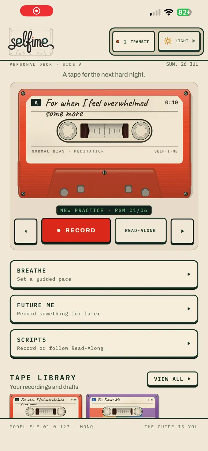 The Selfime deck with a cassette loaded and the transport controls below it